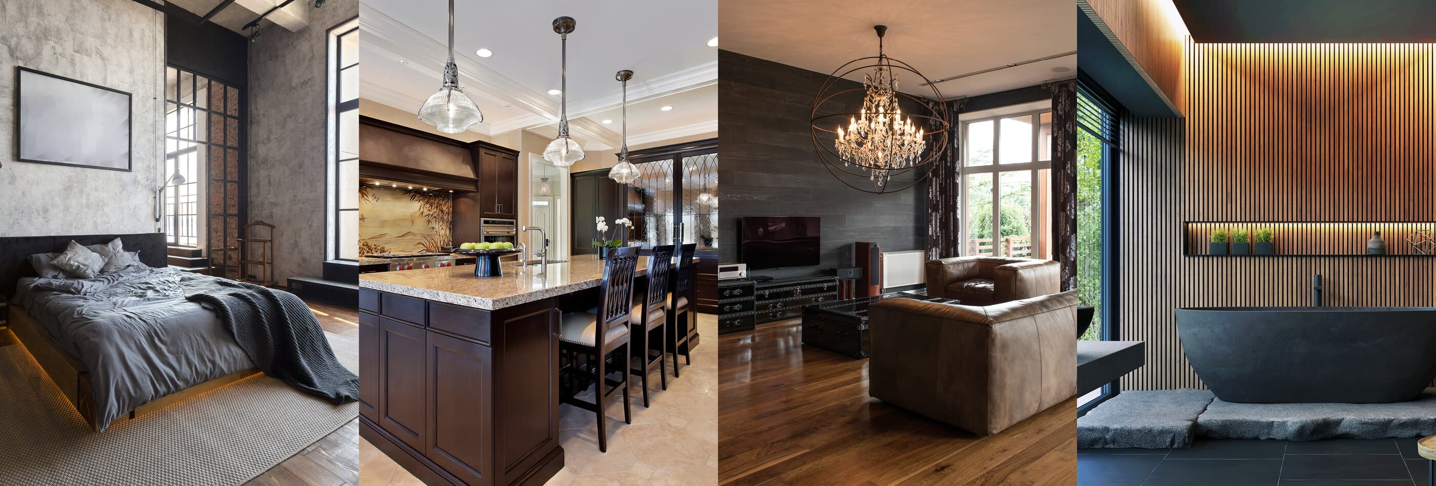 A bedroom, kitchen, living room, and spa bath across one home, each with integrated audio and video