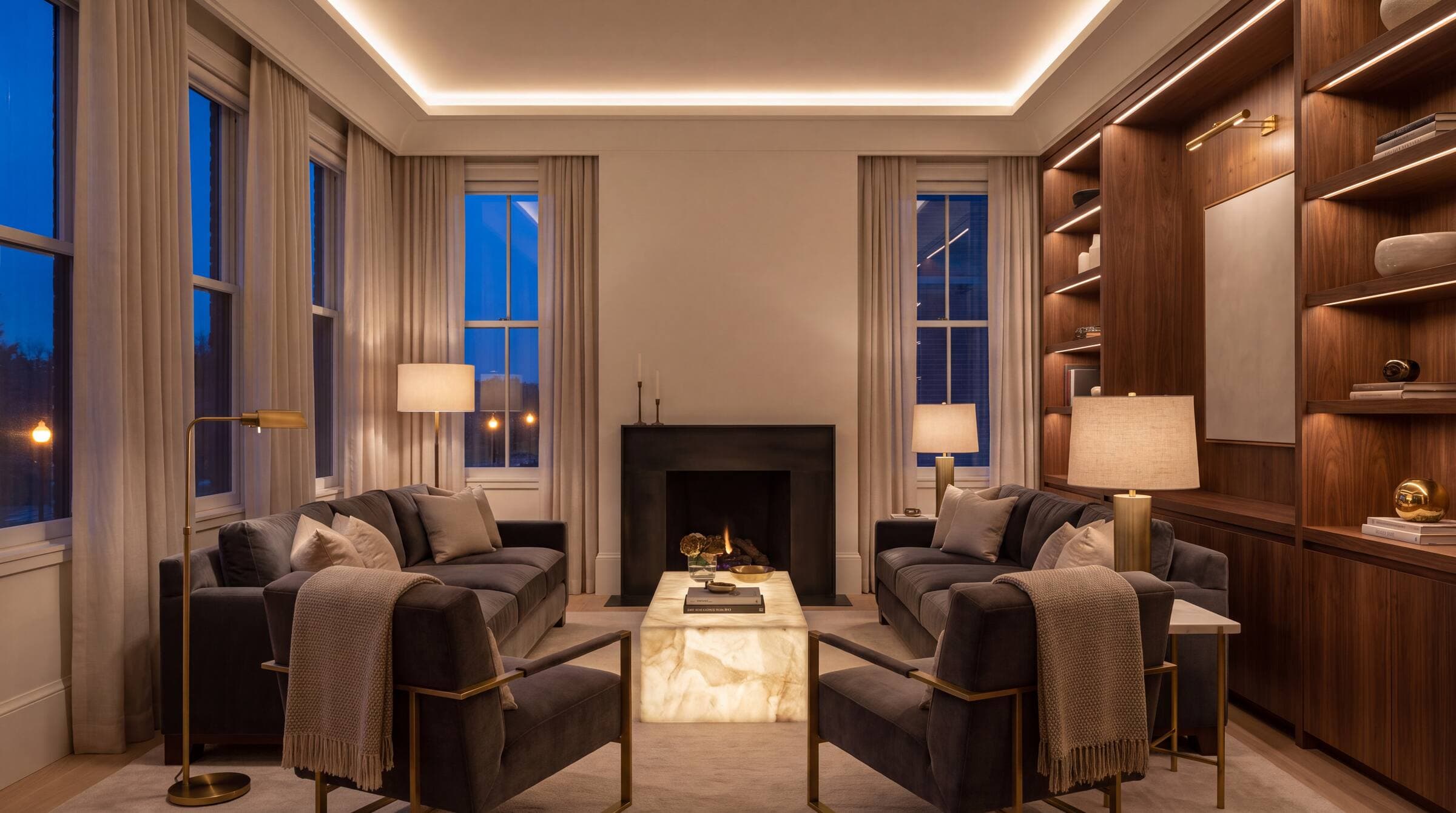 Inviting sitting room at dusk with soft lamplight