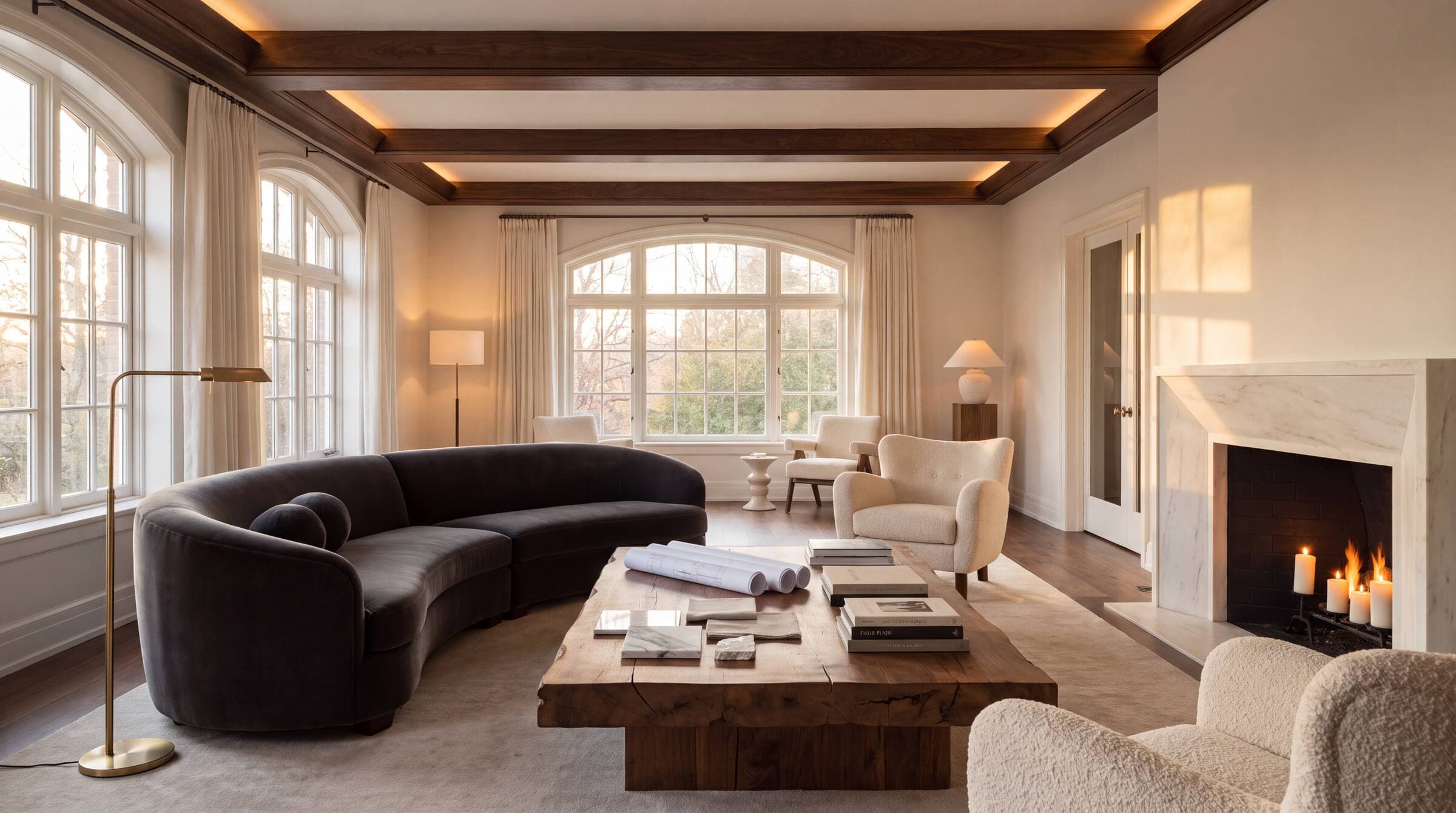 Established living room with timeless architecture at golden hour