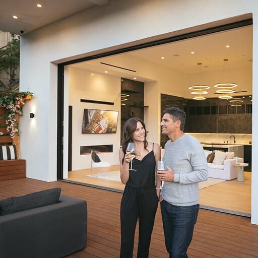 A couple enjoying an open-plan home with integrated lighting and media